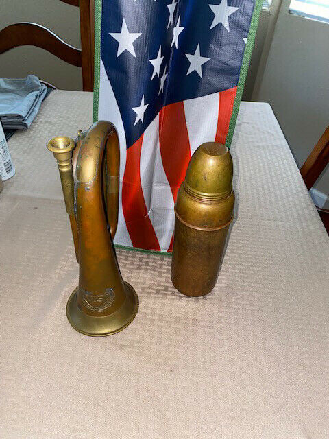 Look At This Rare Brass And Copper Us Bugle! With A Copper Themos !